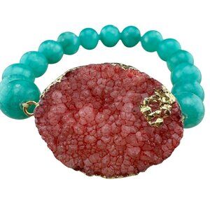 Amazonite Beaded Bracelet With Pink Druzy Statement Accent Adjustable Elastic De